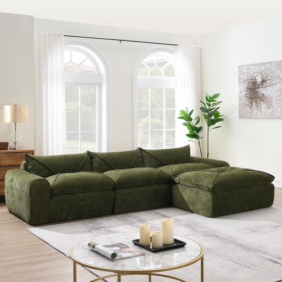 116'' Fully Compressed Sofa with High Density Foam, No Assembly Required, Legless Design Without Frame, Integrated Backrest and Seat Cushion, Free Combination, Particle Chenille,Green
