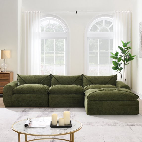 116'' Fully Compressed Sofa with High Density Foam, No Assembly Required, Legless Design without Frame, Integrated Backrest and Seat Cushion, Free Combination, Particle Chenille, Green