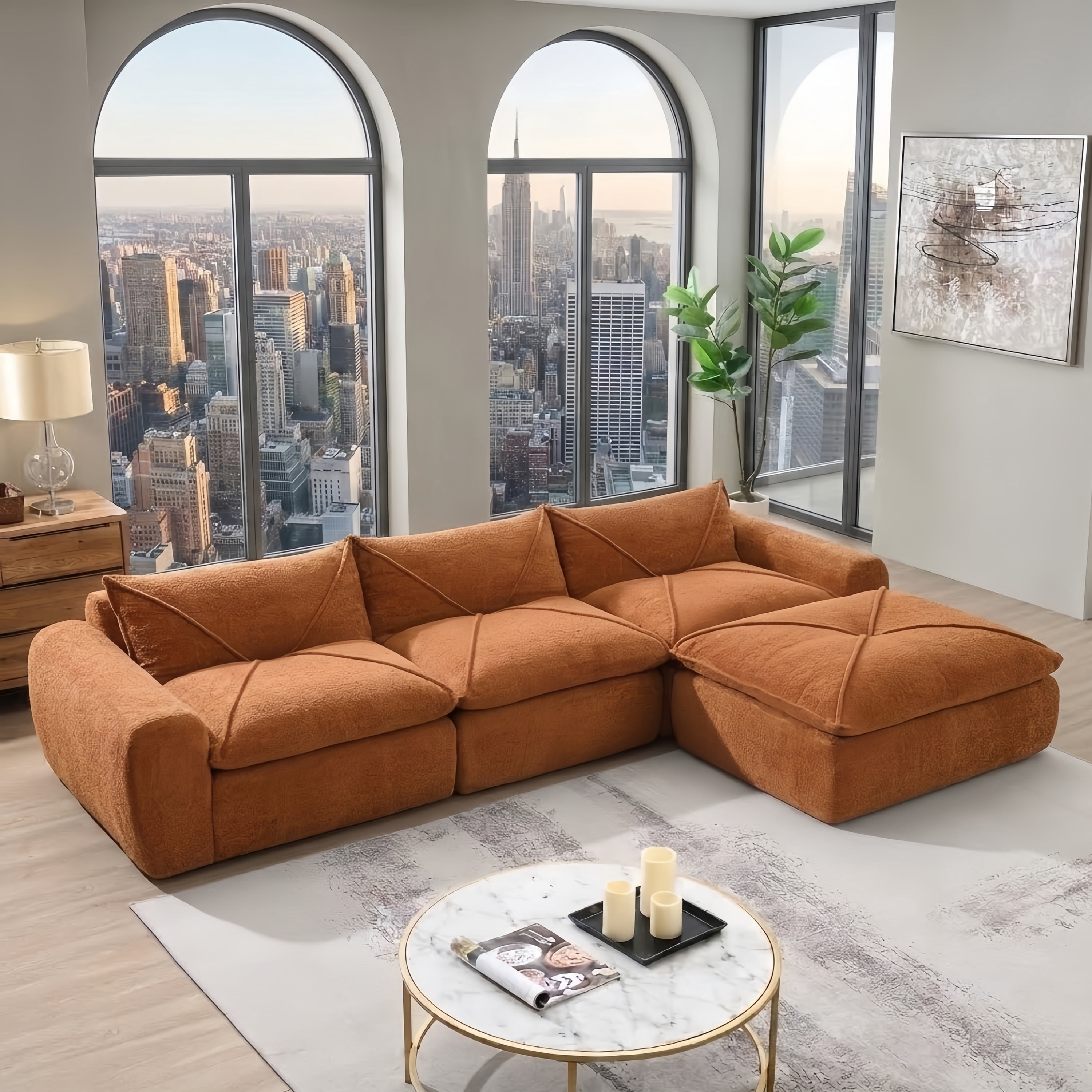 EPOWP 116'' Modular Sectional Sofa, L Shaped Boneless Cloud Couch, Convertible Chenille Couches Set with Ottoman, Memory Foam Sectional Couches for Living Room, Comfy Floor Sofa, No Assembly(Orange)