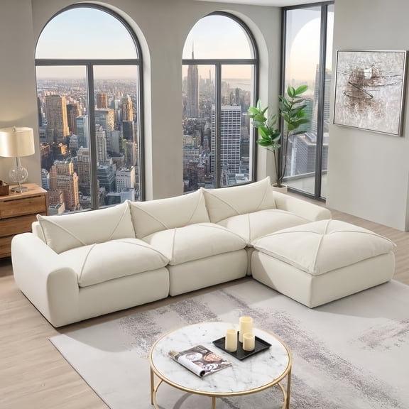 EPOWP 116'' Modular Sectional Sofa, L Shaped Boneless Cloud Couch, Convertible Chenille Couches Set with Ottoman, Memory Foam Sectional Couches for Living Room, Comfy Floor Sofa, No Assembly(White)