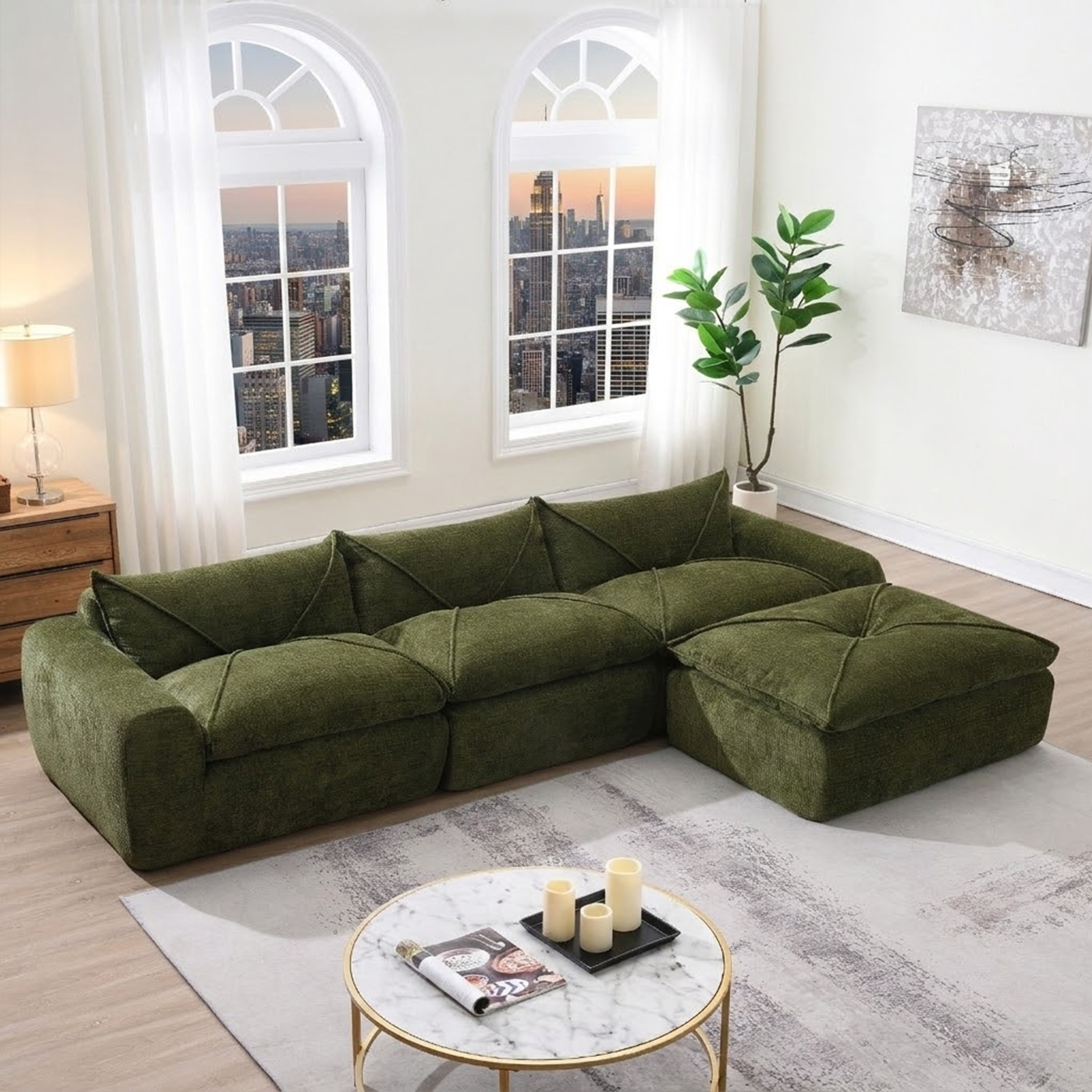EPOWP 116'' Modular Sectional Couch, Chenille Boneless Cloud Couches, Fully Compressed Sofa with High Density Foam, Convertible L Shaped Sectional Sofa for Living Room, No Assembly(Green)