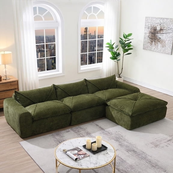 116'' Modular Sectional Couch, Chenille Boneless Cloud Couches, Fully Compressed Sofa with High Density Foam, Convertible L Shaped Sectional Sofa for Living Room, No Assembly(Green)