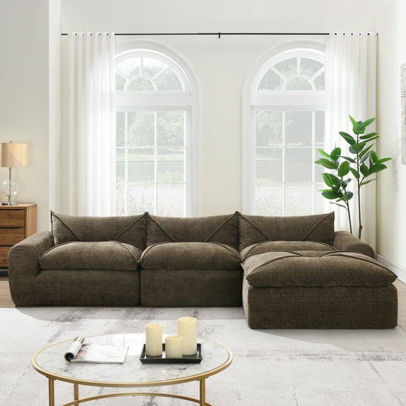 116" Oversized Modular Sectional Sofa, Chenille Cloud Couch with Movable Ottoman, 4 Seat L-Shaped Sofa with Double Layer Support, No Assembly Required, Brown