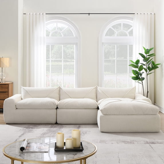 116" Oversized Modular Sectional Sofa, Chenille Cloud Couch with Movable Ottoman, 4 Seat L-Shaped Sofa with Double Layer Support, No Assembly Required, White