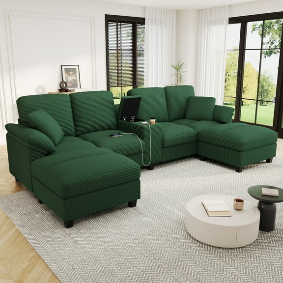 116" Oversized Modular Sectional Sofa, U Shaped 4 Seat Cloud Couch with Movable Ottomans, Modern Comfy Corduroy Couch with Storage Central Console, Green