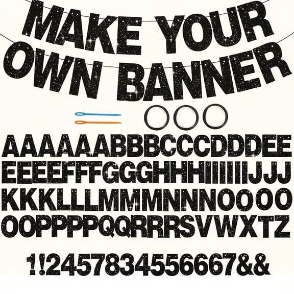 116 PCS A-Z Glitter Black DIY Letter Banner Kit Make Your Own Banner，Including 111 Letters and Numbers 3 Rope and 2 Threading Device,Customized for Birthday Graduation Wedding Halloween Party Decor