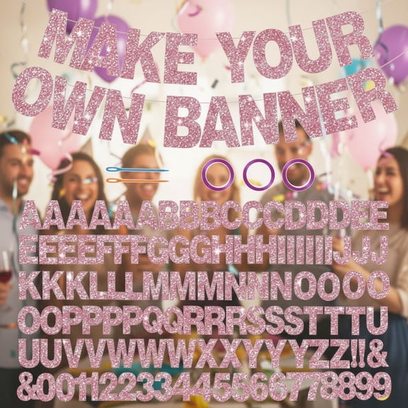 116 PCS A-Z Glitter Pink DIY Letter Banner Kit Make Your Own Banner，Including 111 Letters and Numbers 3 Rope and 2 Threading Device,Customized for Birthday Graduation Wedding Party Decor