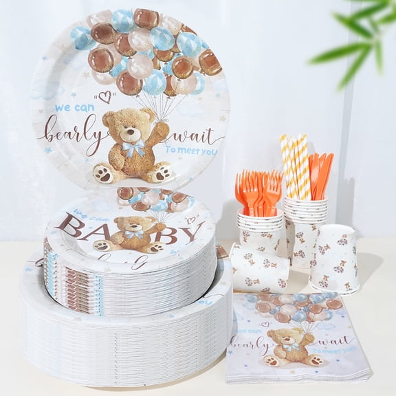 116 Pcs Blue Teddy Bear Theme Gender Reveal Birthday PARTY plate Napkins Supplies For 16 Guests