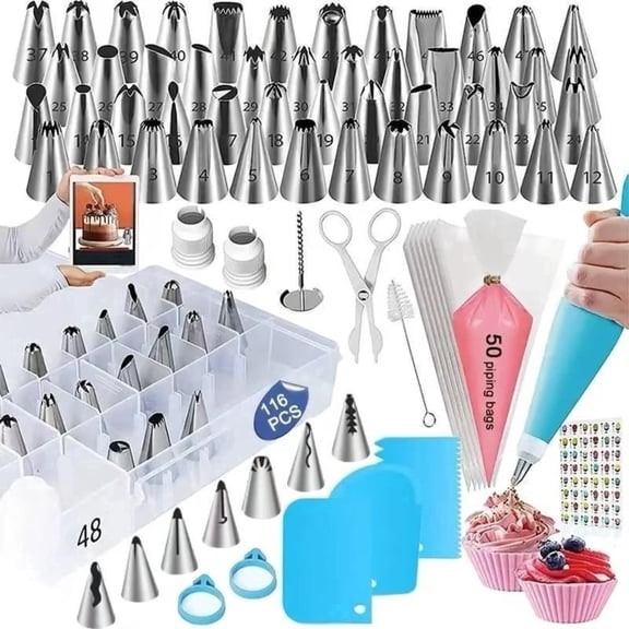 116 Pcs Cake Decorating Kit, 55 Piping Tips & 50 Piping Bags, Professional Baking Supplies for Beginners & Pros, Blue