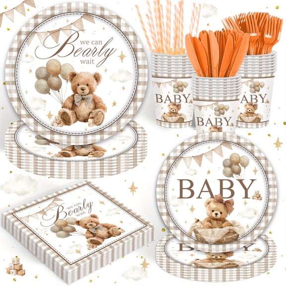 116 Pcs Teddy Bear Gingham Theme Gender Reveal Birthday PARTY plate Napkins For 16 Guests