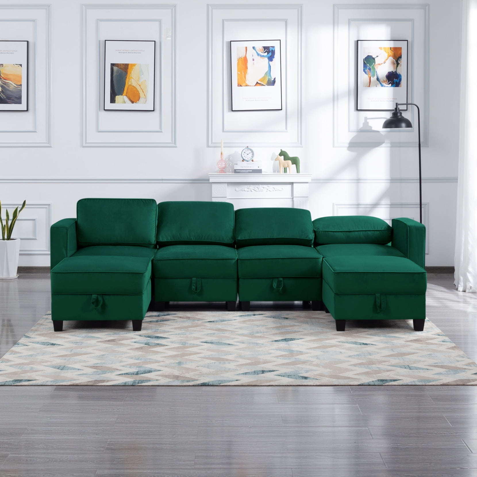 116" Velvet UShaped Modular Sectional Sofa Couch with Storage Seats