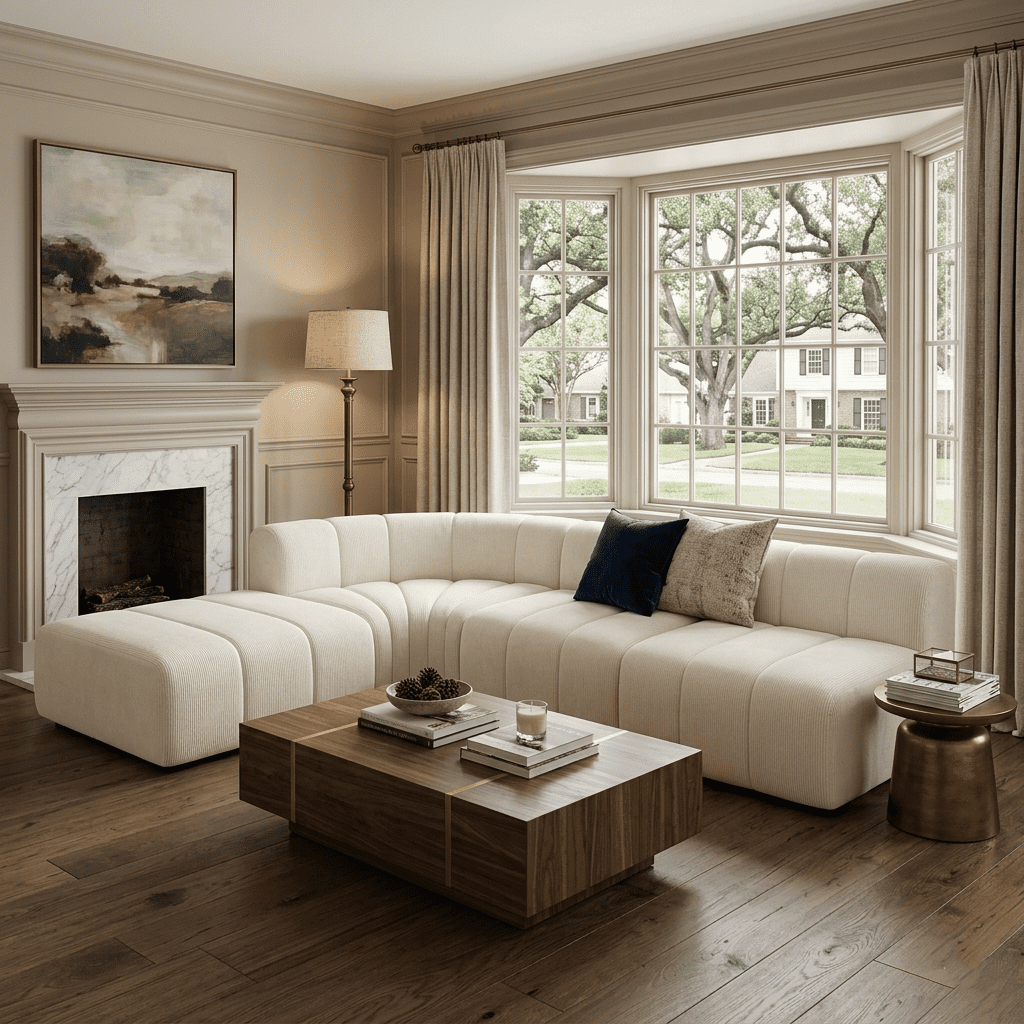 116"W Modern Semi-Curved Modular Sectional Sofa with Movable Ottoman,Vertical Stitched Chenille Cloud Sofa Couch for Living Room,No Assembly Required,Beige