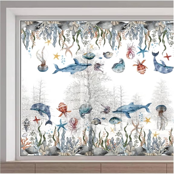 116 x 38cm Ocean Theme Window Clings Sea Animal Static Window Stickers Dolphin Sea Fish Starfish Seagrass Coral Reefs Anti Collision Double-Side Decals for Home Living Room Glass Door Decor