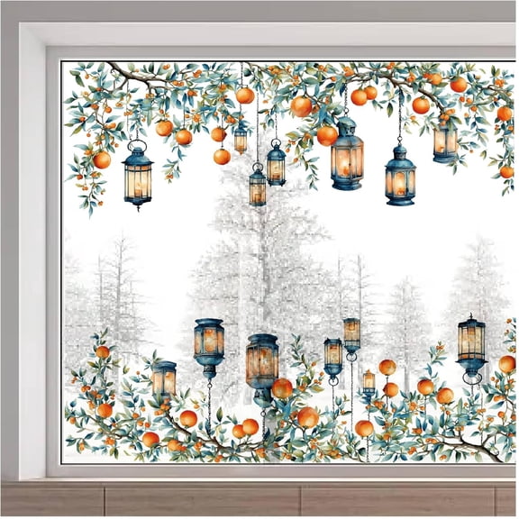 116 x 38cm Persimmon Branches Window Decals Lantern Hanging on Branch Window Clings Double-Side Pattern Static Stickers for Bedroom Living Room Glass Sliding Door Anti-Collision Decoration colorful