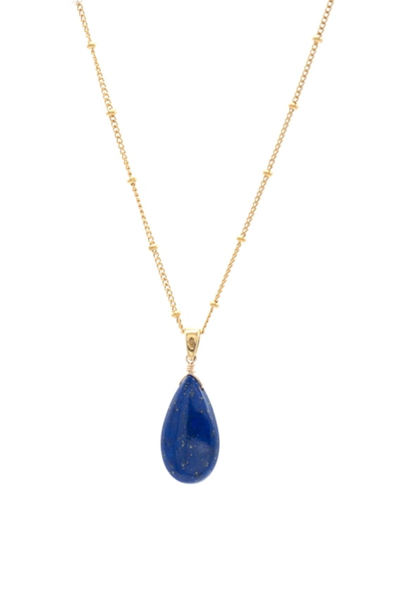 14k Gold-Filled Satellite Chain Necklace with Smooth Teardrop Lapis Lazuli Pendant, 18" for Men, Women, and Friends