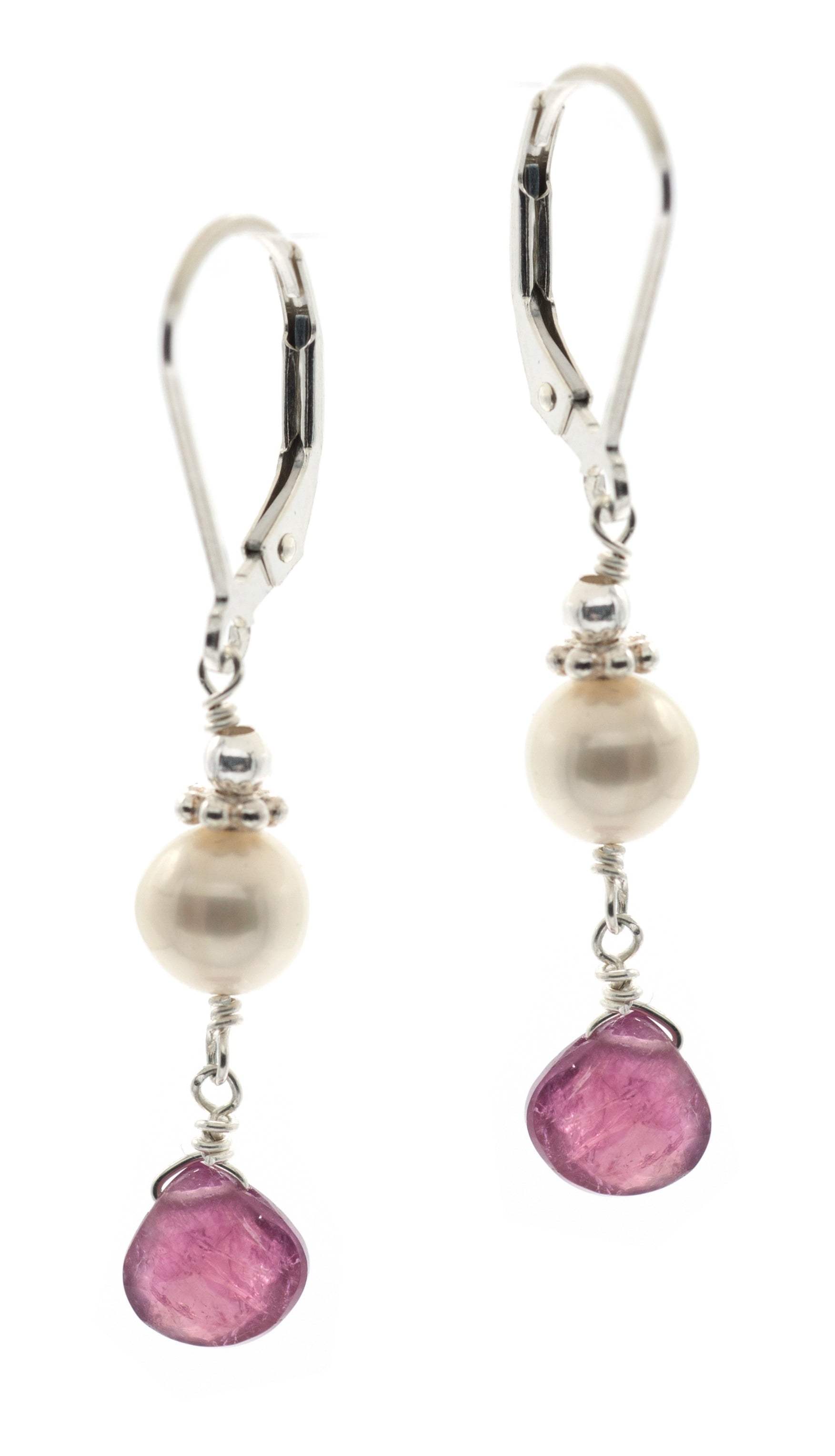 1160 Jewelry Genuine Pink Tourmaline Briolette Sterling Silver Lever-Back Earrings with 2 Cultured Freshwater Pearls, 5.5-6.0mm