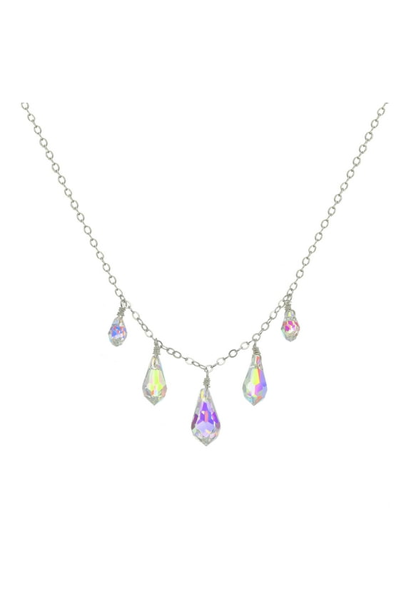 Sterling Silver Cable Chain and Austrian Crystal Aurora Borealis Graduated Teardrop Drop Necklace, 18" for Women, and Friends, Perfect for Weddings, and other Special Occasions