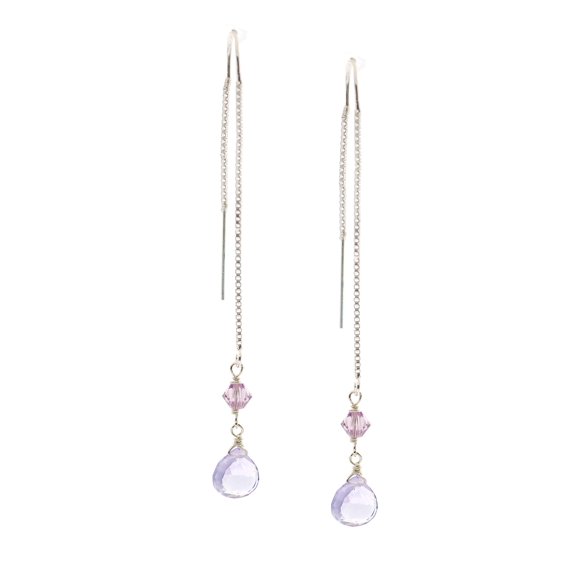 1160 Jewelry Sterling Silver Threader Earrings with Faceted Amethyst Briolette Drops and Violet Austrian Crystal Accents for Women, Men, and Young Adults
