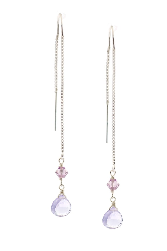 Sterling Silver Threader Earrings with Faceted Amethyst Briolette Drops and Violet Austrian Crystal Accents for Women, Men, and Young Adults