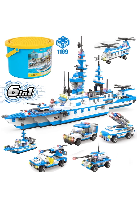 EXERCISE N PLAY 1169-Piece City Police Station Building Kit, 6-in-1 Military Battleship Toy
