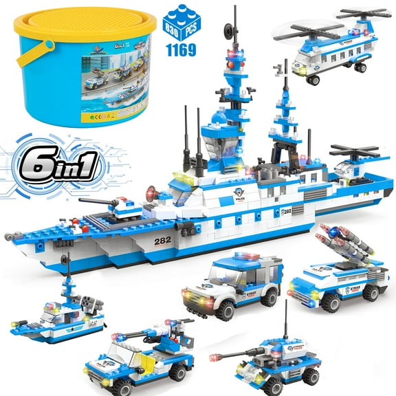 EXERCISE N PLAY 1169-Piece City Police Station Building Kit, 6-in-1 Military Battleship Toy