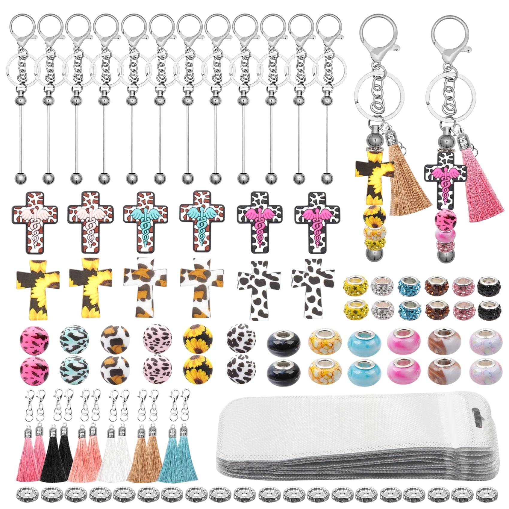 116PCS Beadable Keychain Kit with Jesus Cross Silicone Beads, Christian DIY Keychain Making Kit with Beadable Keychain Bars, Tassels & Clasps, Faith Craft Supplies for Church Groups, Women & Teens