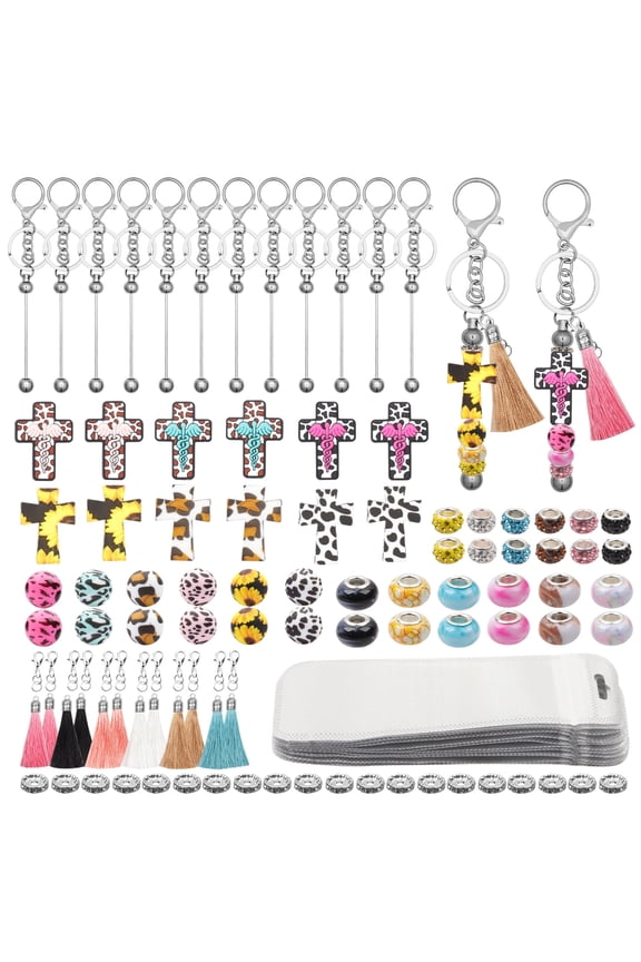 116PCS Beadable Keychain Kit with Jesus Cross Silicone Beads, Christian DIY Keychain Making Kit with Beadable Keychain Bars, Tassels & Clasps, Faith Craft Supplies for Church Groups, Women & Teens