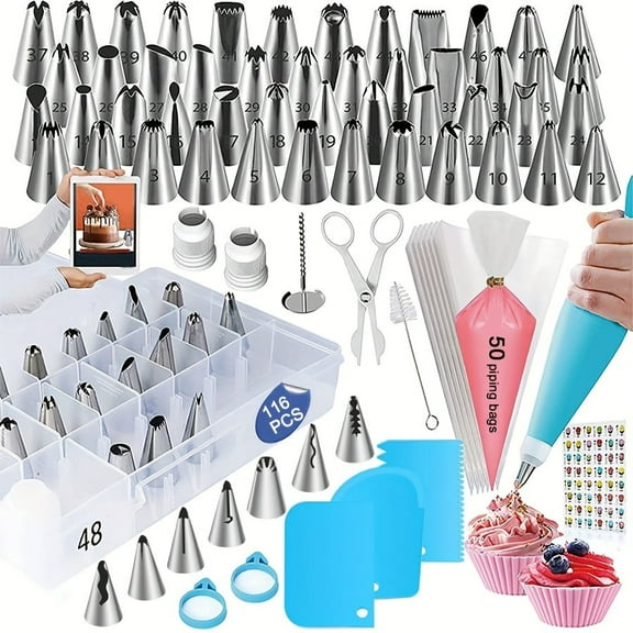 116PCS Cake Decorating and Baking Tool Set Icing Piping Tips Cake Scrapers - Blue