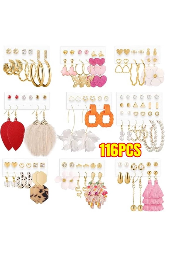 116PCS Earrings Set for Women, Fashion Tassel Earrings Acrylic Hoop Stud Drop Dangle Earrings for Birthday Party, Assorted Styles and Colors