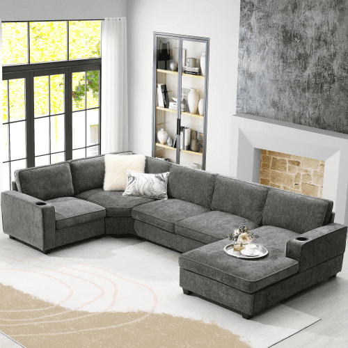 117.5" U-Shaped Chenille Sectional Sofa, 6-Seat Corner Couch Set with Cup Holders & Oversized Chaise Lounge, Irregular Corner Design for Living Room & Apartment, Gray