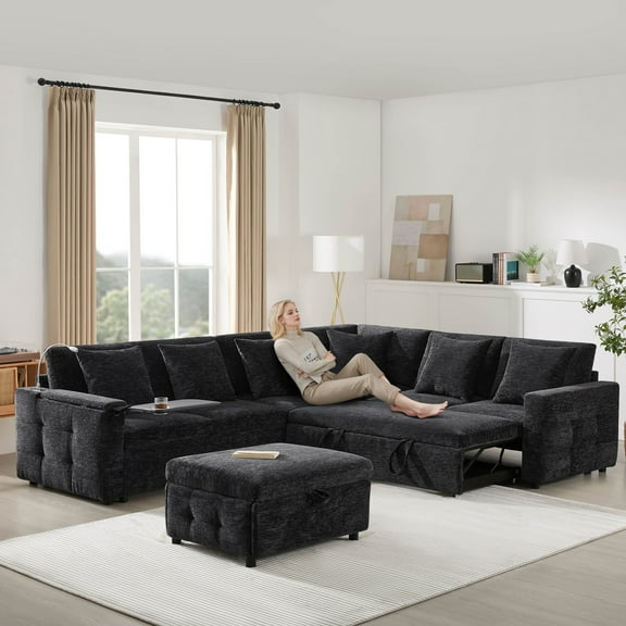 117*90" Modular Sectional Pull-Out Sofa Bed with Flip-Up Table Panel, Reading Lamp, Charging Ports, Storage Ottoman, Tufted Design, 6 Pillows, Oversize & Free Combination, Chenille (Black)