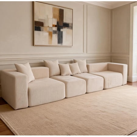 117” Boneless Cloud Couch,Sectional Modern 4 Seater L-Shaped Sleeper Sofa Couches,No Assembly Modular Corduroy Convertible Sponge Compression Sofas with Chaise and Ottoman for Living Room(Beige)