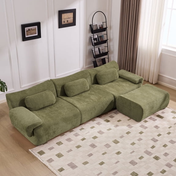 117" Cloud Sofa, Modular Sectional sofa for Living Room/Bedroom, Green Deep-Seat Chenille sofa with Bamboo Joint Shape