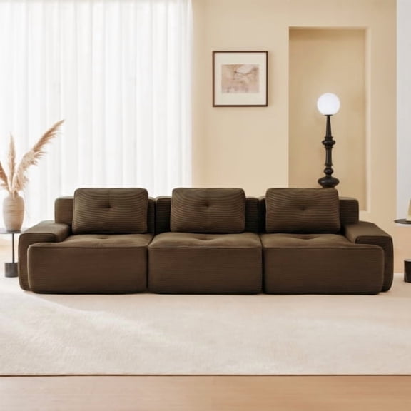 117" Corduroy Modular Sectional Sofa, Oversized 3-Seater Deep Seat Couch with Tufted Design & Pearl-like Piping, Brown