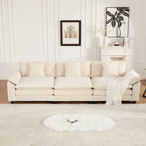 117 Inch 3-Seater Cloud Sofa, Modular Sectional Couch, Modern Deep Seat Sofa for Living Room, Comfy Double Layer Upholstered Seat Cushion, Breathable Chenille Fabric, Beige