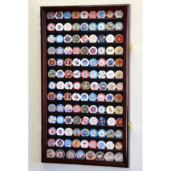 117 L Casino Chip Coin Display Case Cabinet Chips Holder Wall Rack 98% UV Lockable, Cherry