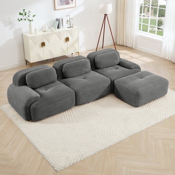 116" Modern Compressed Boneless Couch with Ottoman, 3 Seater Large L Shaped Sectional Couches for Living Room, Gray Corduroy Cloud Modular Sectional Sofa, Memory Foam, Extra Deep, No Assembly