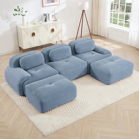 116" Modern Compressed Boneless Couch with Ottoman, 3 Seater Large U Shaped Sectional Couches for Living Room, Blue Corduroy Cloud Modular Sectional Sofa, Memory Foam, Extra Deep, No Assembly