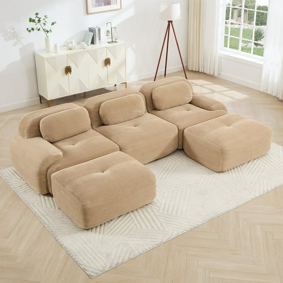 116" Modern Compressed Boneless Couch with Ottoman, 3 Seater Large U Shaped Sectional Couches for Living Room, Camel Corduroy Cloud Modular Sectional Sofa, Memory Foam, Extra Deep, No Assembly