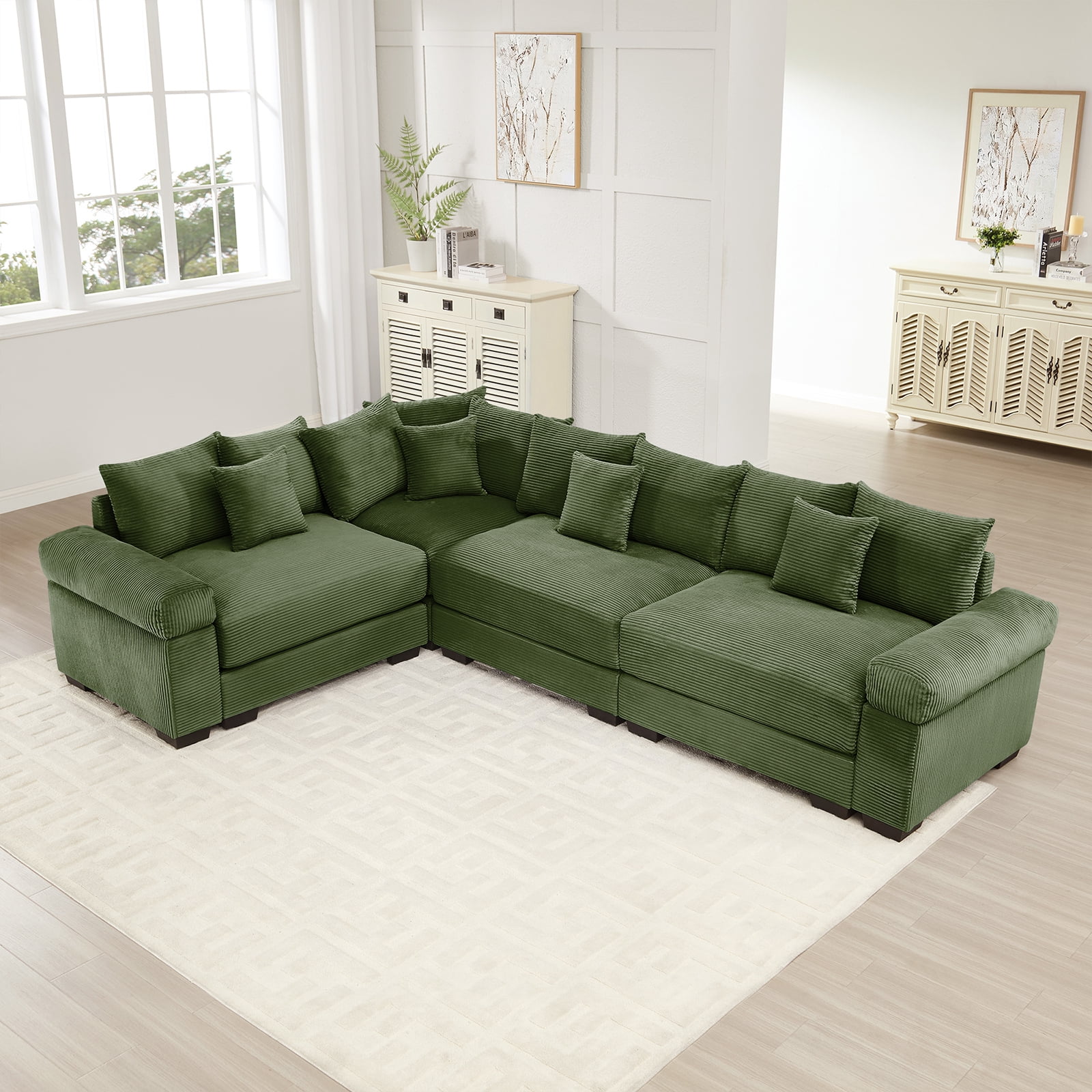 117" Modern Corduroy Sectional Couches for Living Room, Comfortable Corner Couch Sofa, Green 3 Seater Corner Couch for Flexible Layout, Muebles para la Sala, Oversized Sofa Set