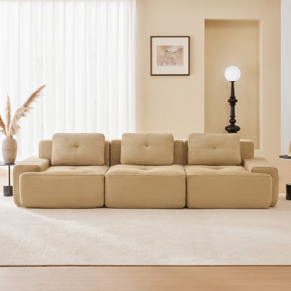 117" Modern Modular Sectional Sofa for Living Room, Corduroy Fabric, Oversized 3-Seater Couch with Deep Seat, Pearl-like Piping, Tufted Design, Buckle Connection, No Assembly, Anti-slip Design(Camel)