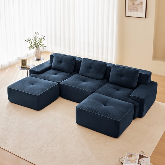 117" Modern U-Shaped Modular Sectional Sofa, Blue Corduroy, 3-Seater Deep Seat & Movable Ottoman, Pearl Piping Tufted, No Assembly Anti-Slip, for Living Room