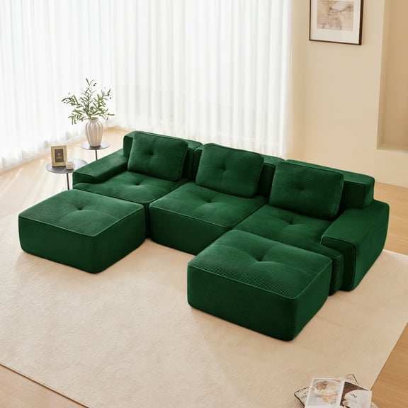 117" Modern U-Shaped Modular Sectional Sofa for Living Room, Fabric, 3-Seater Couch with Deep Seat and Movable Ottoman,Pearl-like piping, Tufted Design,No Assembly, Anti-slip Design​,Green