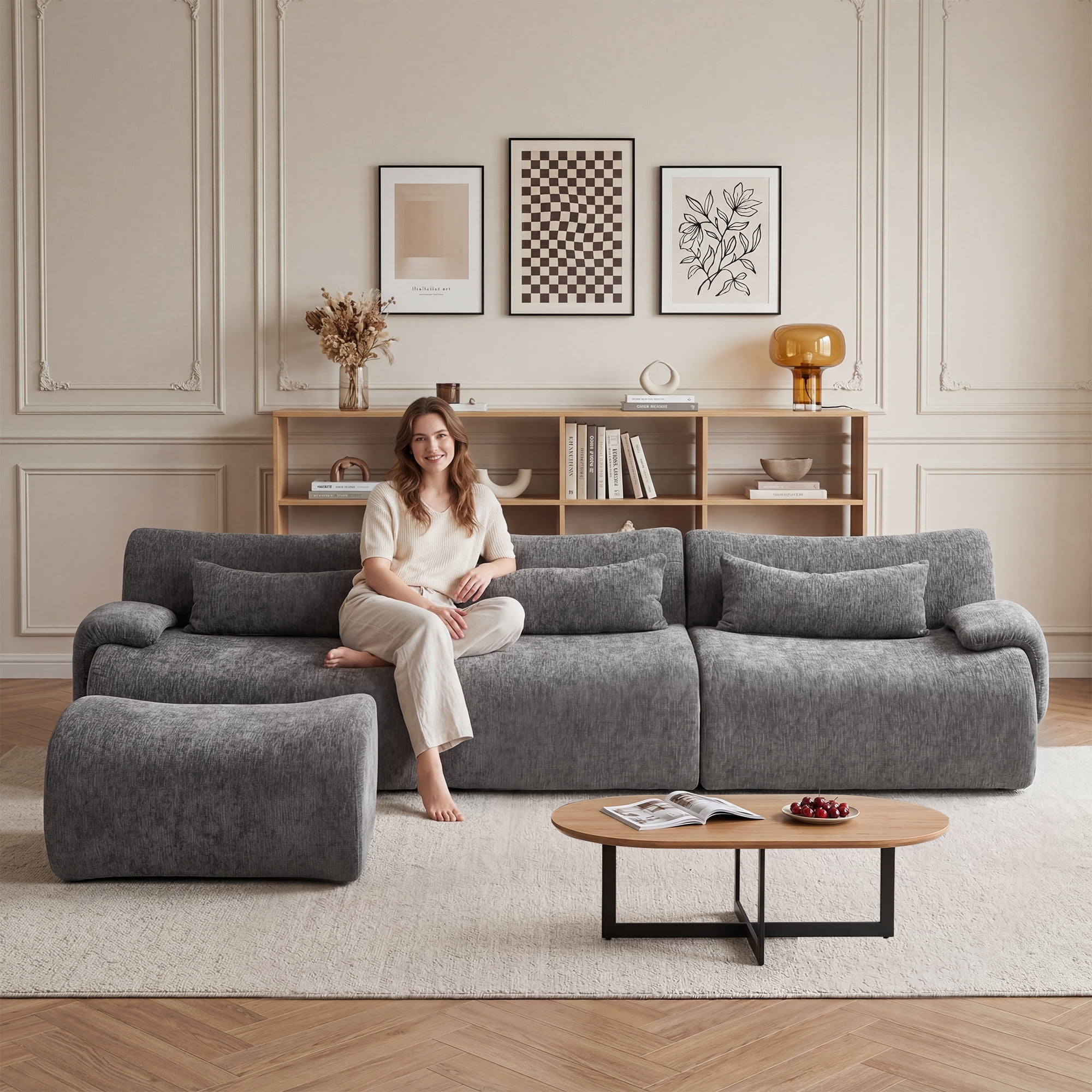 117" No Assembly Modular Boneless Sofa, L-Shaped Deep Seat Cloud Couch with Reversible Ottoman