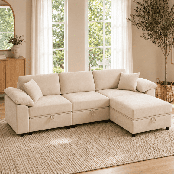 117" Oversized Modular Sectional Sofa with Storage, L Shaped Couch with Adjustable Backrests, Deep Seat Cloud Sofa, Convertible Seating for Modern Living Room Apartment, Beige