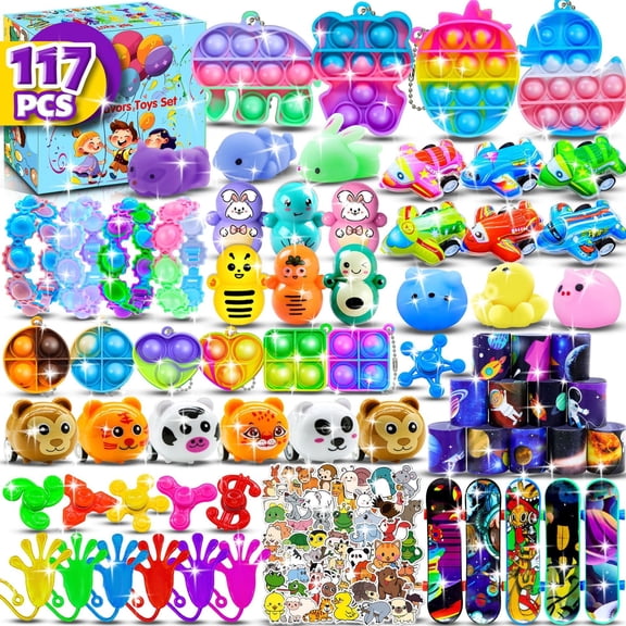117 Pcs Party Favors for Kids Ages 4-12 Pop Fidget Toys, Classroom Treasure Box Prizes, Pinata Fillers, Goodie Bag Stuffers, Prize Chest Toys for Boys & Girls