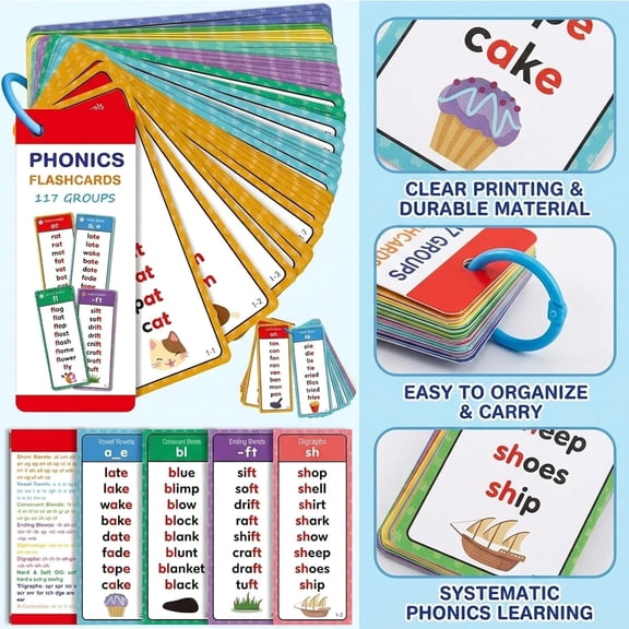 117 Sound Groups Phonics Word Cards 900+ Rhyming Words, Learn to Read & Spell, Preschool Kindergarten Phonics Flash Cards, Fun Learning Activities for Early Literacy