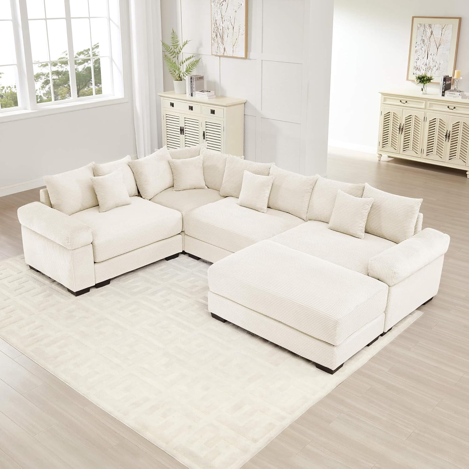 117''x79'' Oversized Cloud Modular Sectional Sofa|Corduroy L Shaped Couch with Ottoman|Deep Seat|Extra-Wide Armrests|Ergonomic Design|Easy Assembly|for Living Room,Apartment,Office - Beige