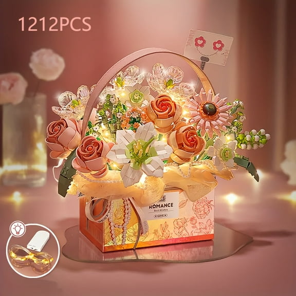 1179/1212PCS Flower Bouquet Building Set, Rose Building Block Flower Basket GiftBox With LED Light, Purple Pink Building Block Set Toys, Botanical Building Blocks Set, Best Gift for ChristmasBirthday