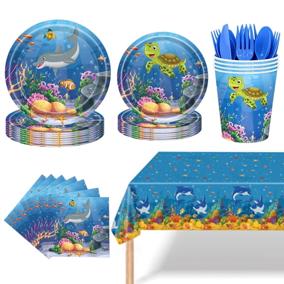 117Pcs Under The Sea Party Decorations, Ocean Birthday Party Plates and Napkins Sea Animal Theme Tableware Set, Underwater Creatures Table Decor Supplies, Serves 16 Guests